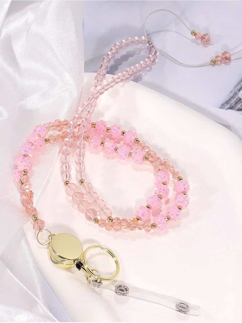 Pink Beaded Phone Lanyard with ID Badge Holder and Gold Accents